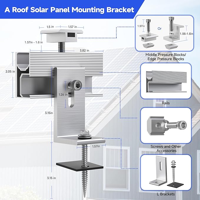 Solar Panel Mounting Brackets Kit 10Pcs Solar Roof Mount Kit for 1-4 Pieces Thickness 1.57-1.6” Solar Panels(100-400W), Aluminum Alloy Mount for Flat Pitched Roof Rack Mounting Brackets