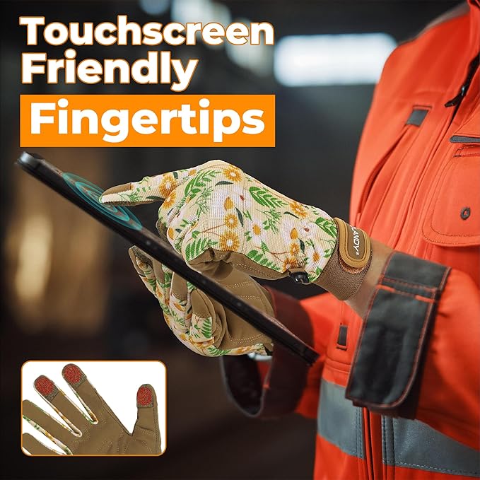 HANDLANDY Work Gloves for Women, Breathable Leather Gardening Glove for Yard Maintenance, Hand Protection with Touch Screen