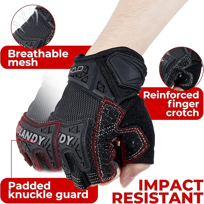 HANDLANDY Fingerless Work Gloves for Mens & Women, Uwrist Half Finger Shock-Absorbing Breathable Glove