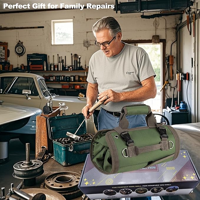 Upgraded Heavy Duty Tool Roll Up Bag Organizer with 6 Zipper Pockets - Canvas Wrench Pouch for Mechanic & Electrician, Car Seat Back Hanging Storage for Truck Jeep RV, Waterproof Emergency Gear Case