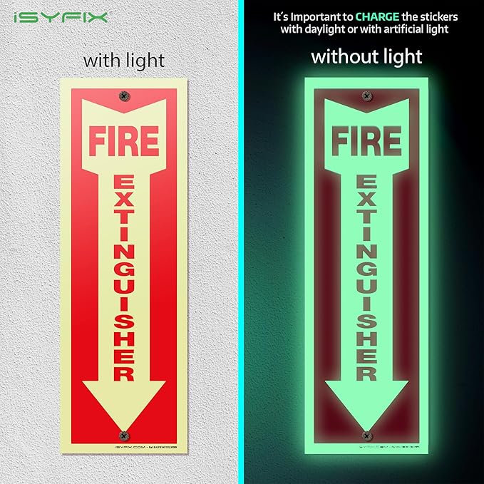 iSYFIX Fire Extinguisher Glow in the Dark Signs – 10 Pack 4x12 Inch – 40 mil Thick Polystyrene Plastic, Laminated for Ultimate UV, Weather, Scratch, Water & Fade Resistance, Indoor & Outdoor