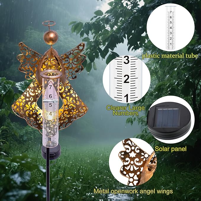 Solar Rain Gauge Outdoor,Decorative Angel Rain Gauges Outdoors Best Rated,Large Plastic Tube Freeze Proof Water Gauge for Yard Patio Lawn Garden Decor Gift for Women Measuring Precipitation