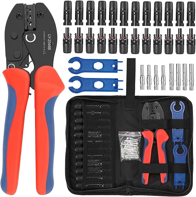 Solar Crimper Tool Kit 51 PCS Solar Tools - a Crimper, 12 Pairs Solar Connectors and 2 Spanners for Solar Panel PV Cable Assembly and Installation