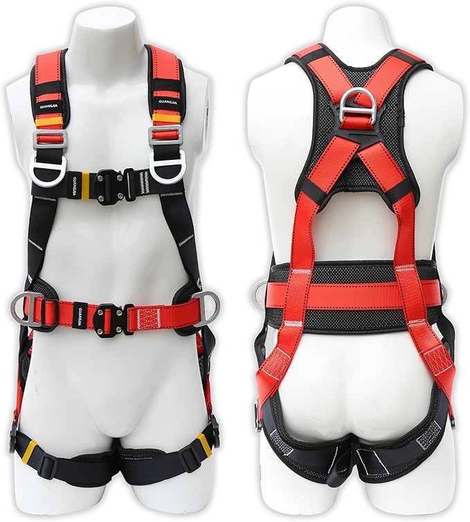 Fall Protection Safety Full Body Harness 5pt Adjustment Safe Comfortable Construction Positioning Harness Extra Long Thick Leg Back Padded Push-Button Quick-Lock Buckles OSHA and ANSI compliant