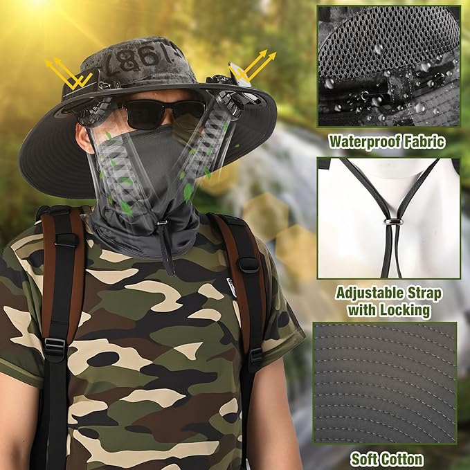 Syhood Solar Powered Fan Hat with Arm Sleeves Neck Gaiter for Men Women Outdoor Wide Brim Bucket Hat with Fan for Hiking