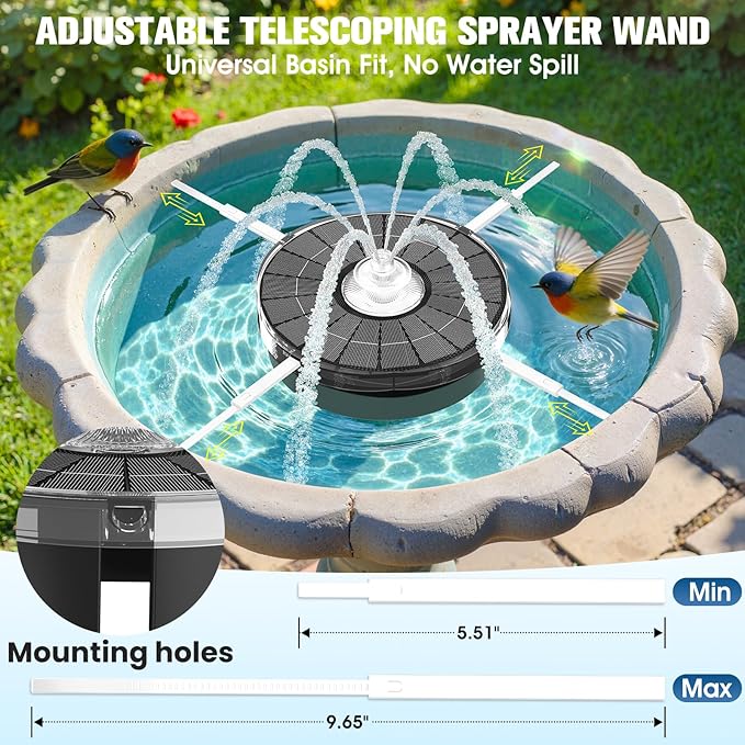 4000mAh Solar Fountain,2026 Solar Bird Bath Fountain Pump,3 Spray Solar Powered Water Fountain with Lights,Floating Birdbath Fountain Kit,DIY Water Bird Bath Fountain for Outdoor,Garden,Pond-White