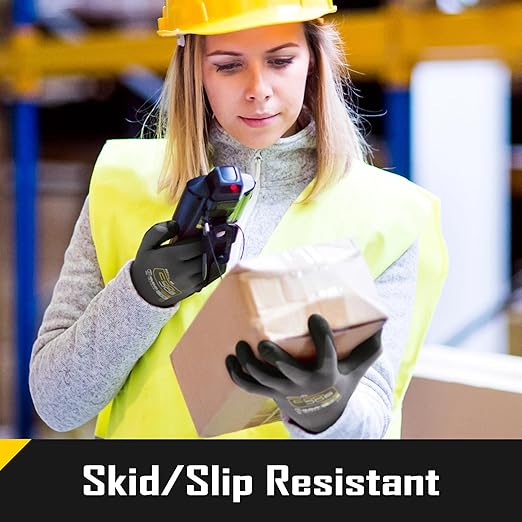 COOLJOB 12 Pairs Safety Work Gloves Microfoam Nitrile Rubber Coated, Seamless Knit Nylon Gloves with Full Fingers Touchscreen, Grip Nitrile Dipped, Ideal for Warehouse, Home Improvement, Grey Small