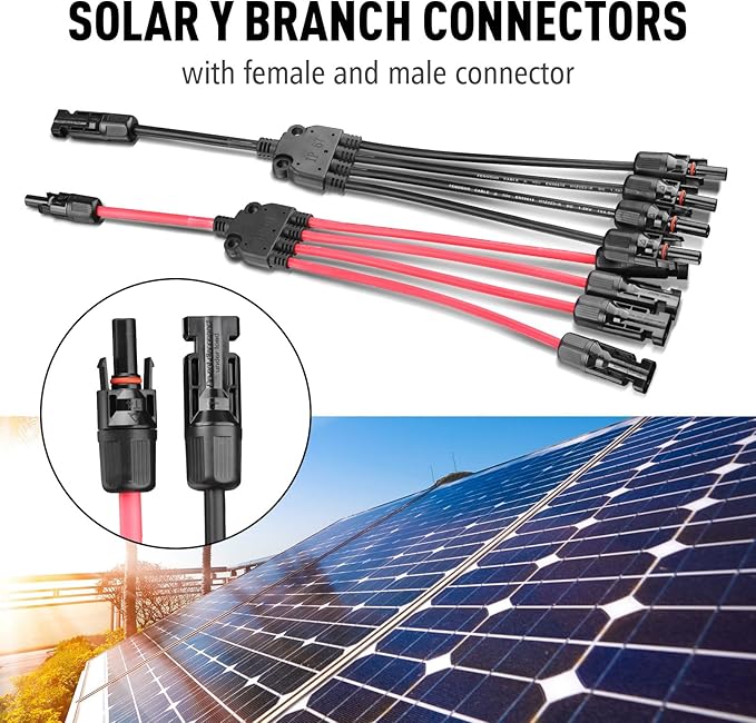 Solar Panel Connectors 1 to 4 Y Branch PV Connector Kit 1 Pair Solar Parallel Adapter 30A IP67 Waterproof Solar Panel Splitter Cable for RVs Roof (M/FFFF, F/MMMM)