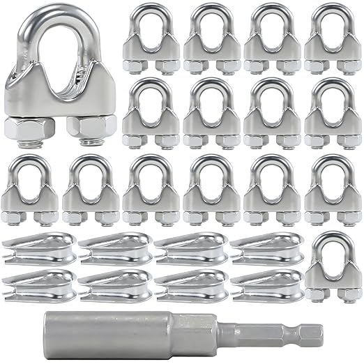 16PCS 3/16 to 1/4 Inches M5 Stainless Steel Wire Rope Clips, 8PCS M5 Thimbles