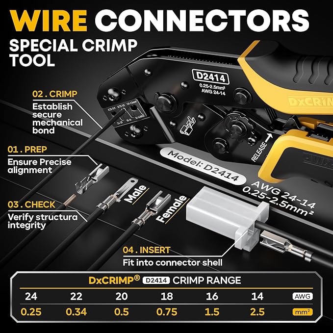2.8 mm Automotive Connector Crimping Tool Kit, 2/3/4/6/9-Pin Male & Female Plugs, Ratcheting Crimper 24–14 AWG, Extractor Tools, Ring Terminals for Auto & Marine Harness Build & Repair