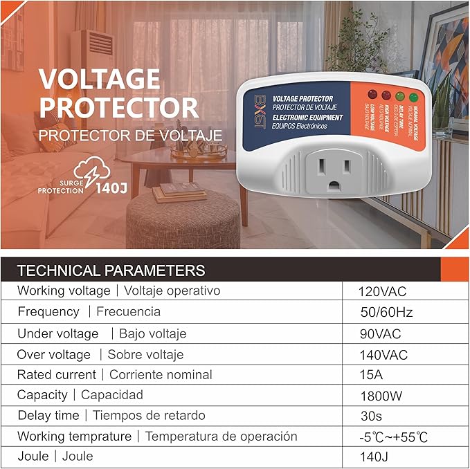 BXST Surge Protector for Refrigerator 15A 1800W 140J Single Outlet Surge Protector Plug in for Home Appliance Multi Function Plug with Protection Wall Mount Power Suppressor for TV/PC/PS5