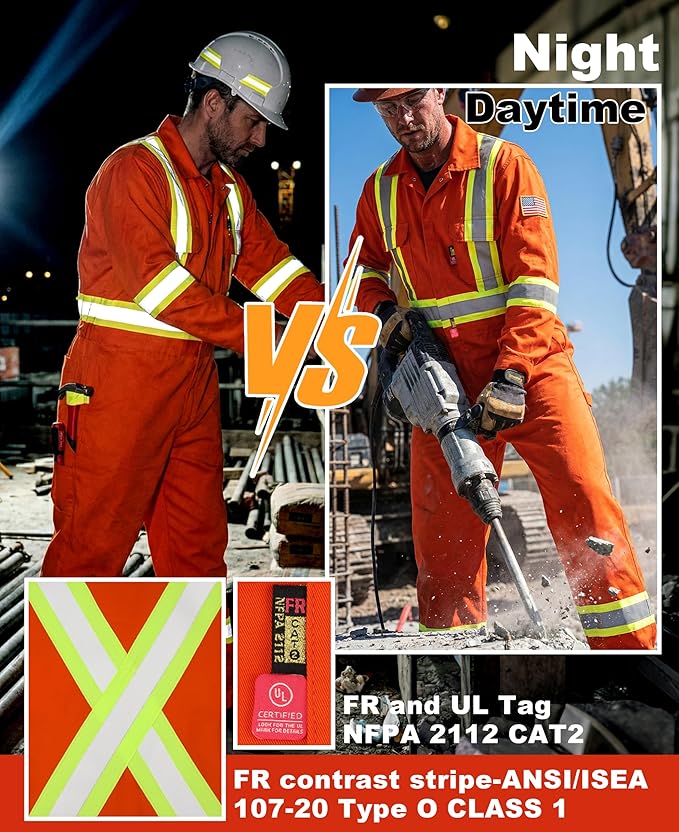 BOCOMAL FR Coveralls Men High Visibility 7.5oz Cotton Twill Flame Resistant Fire Retardant Work Coverall NFPA2112 HRC2