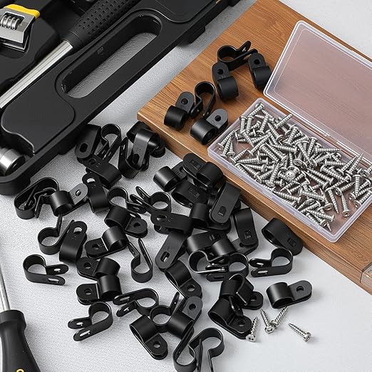 100 Pcs 1/2 Inch Rope Light Clips P-Style Cable Clips Black Mounting Plastic Cable Plastic Clamps Compatible with Stainless Steel Screw for Wire Cord Management Reinforced & Thickened Design