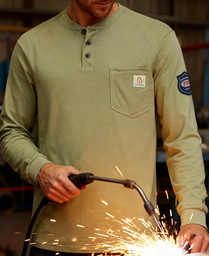 BOCOMAL Men's FR Henley Shirt Flame Resistant 5.5oz Cotton Long Sleeve Workwear UL NFPA2112 CAT2 Welding Tee