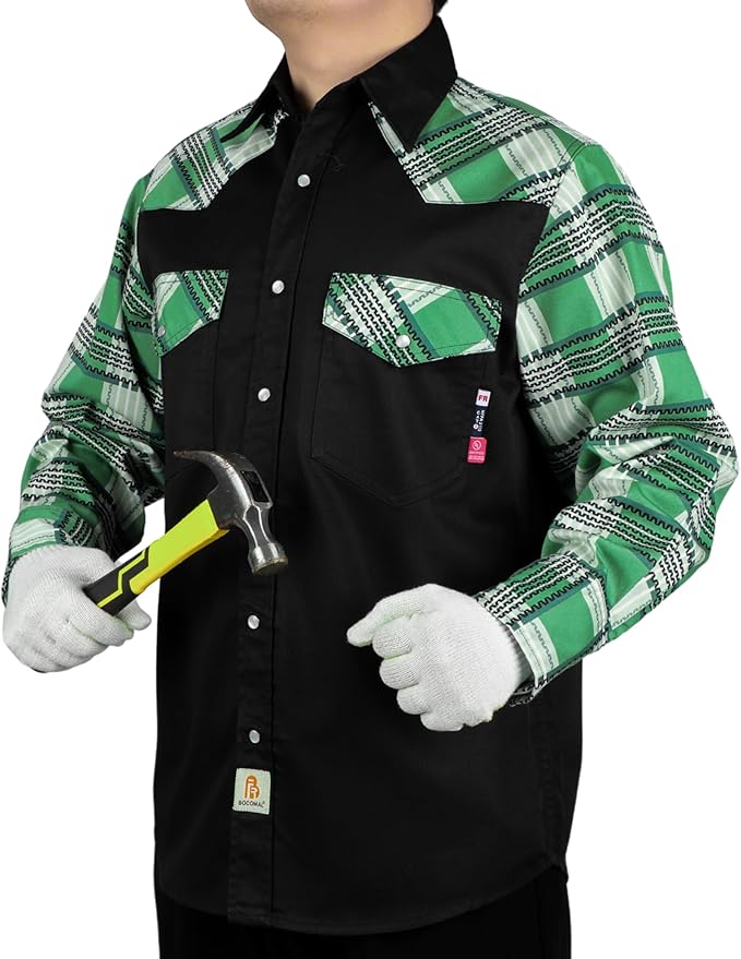 BOCOMAL FR Shirts Pearl Snaps Two Tone Plaid/Solid Flame Resistant Cotton Welding Shirt NFPA 2112 CAT 2