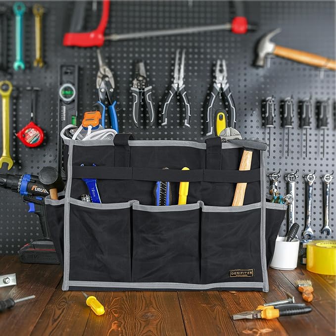 Tool Bag,Tool Pouch with 6 Pockets,Heavy Duty Waxed Canvas Garden Tool Bag Tool Case,16.5 x 7 x 12 Inch & Black