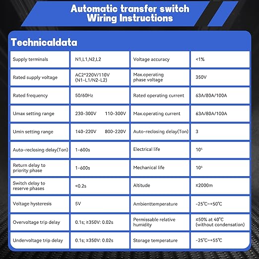 63A 110V Automatic Transfer Switch, 2P Dual Power Select Interruptor Electrical Changeover Switch with LED Display, Mini ATS Din Rail Mount, 50/60Hz CE Certified for Backup Power