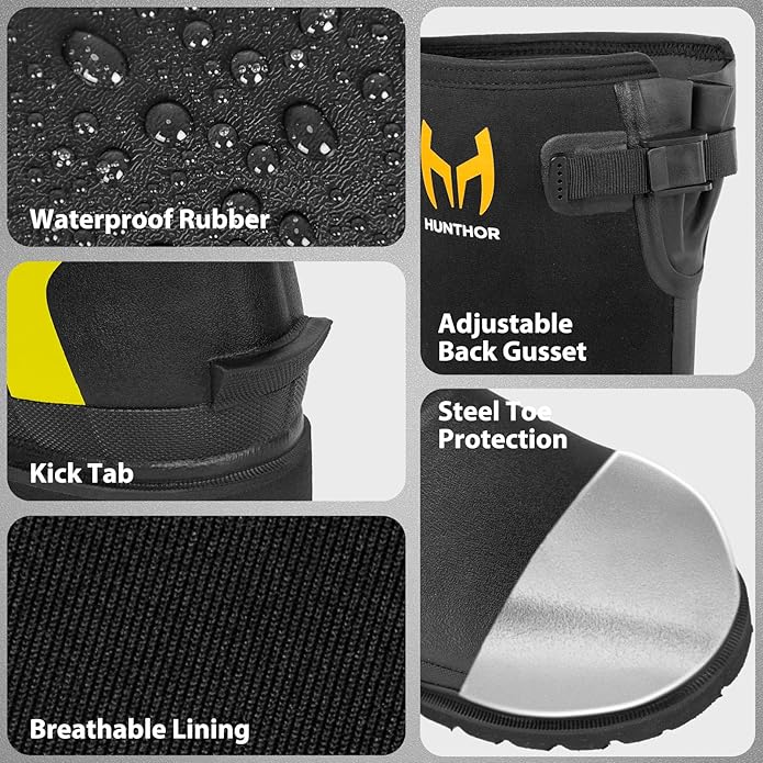 Rubber Work Boots, Puncture-Proof with Steel Toe & Shank, Lightweight Waterproof Anti Slip EVA Outsole Hunting Boots for Men, 6mm Neoprene for Construction, Manufacturing or Farming(Size 6-14)