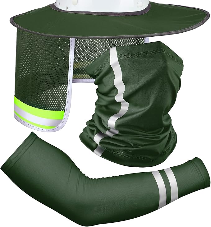 SATINIOR 3 Pcs Sun Hard Hat Neck Protection High Visibility Full Brim Mesh Sun Protection Bandana Headband Arm Sleeves with Reflective Strap for Construction Helmet Hard Hat(Military Green)