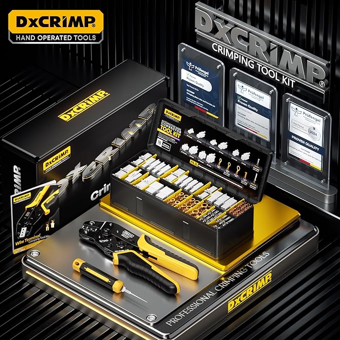 2.8 mm Automotive Connector Crimping Tool Kit, 2/3/4/6/9-Pin Male & Female Plugs, Ratcheting Crimper 24–14 AWG, Extractor Tools, Ring Terminals for Auto & Marine Harness Build & Repair