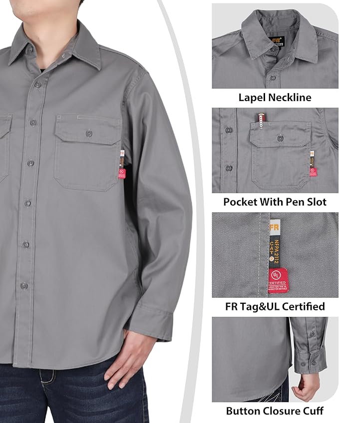 KONRECO FR Shirts for Men Fire Resistant Button Down Work Shirt 100% Cotton 6.5oz Lightweight Welding Shirts