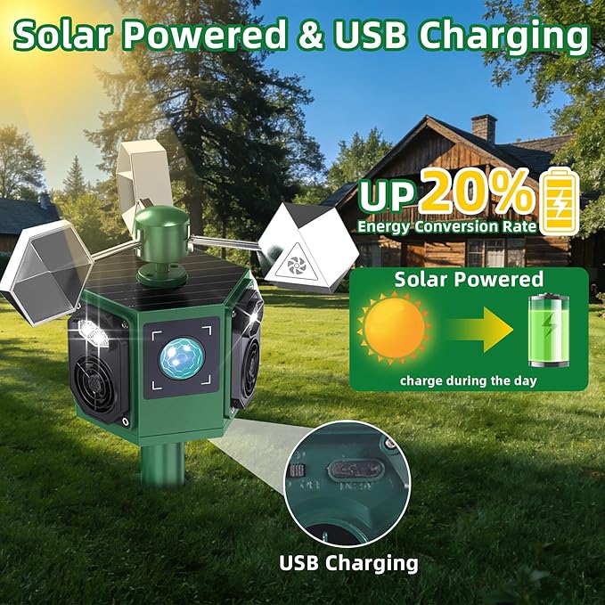 Upgraded Solar Ultrasonic Bird Repellent Outdoor Woodpecker Deterrent for House with Motion Sensor & Flash Light & Reflectors to Scare Birds Away Waterproof Goose Pigeon Repellent for Garden Balcony