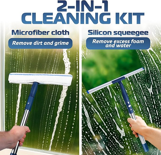 DSV Standard Window Cleaning Kit 62’’, Window Washing Kit with Extension Pole with Silicone Scraper and 2X Microfiber Scrubber Sleeves, Window Cleaner Tool for Home, Shower, Glass, Mirror, Car