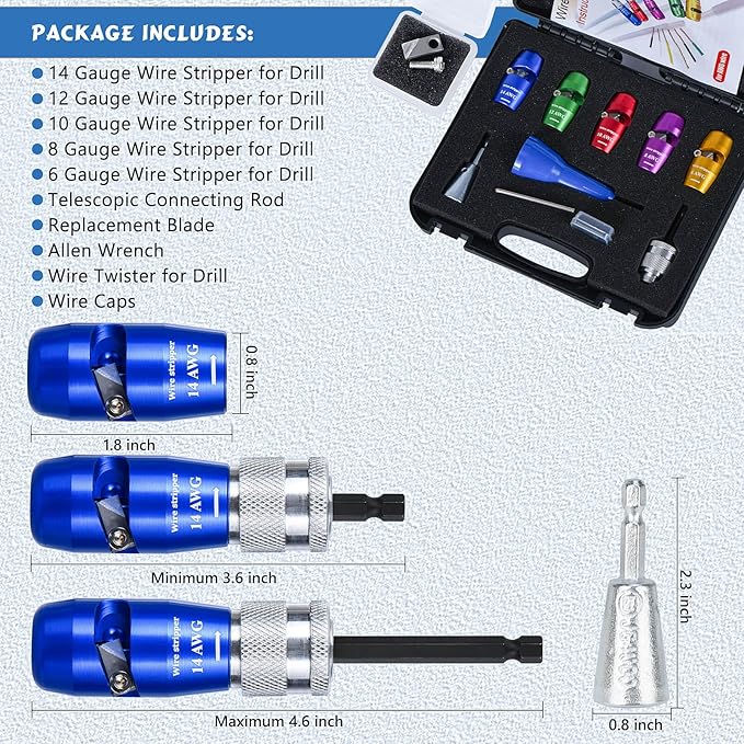 Wire Stripper for Drill, US Standard Electric Wire Stripper Tool for Drill, Wire Strippers for 6/8/10/12/14 AWG, Wire Stripping and Twisting Tool Set