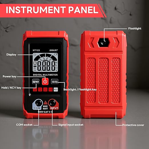 HT123 Digital Multimeter, Automatic AC DC Voltmeter, Non Contact Voltage Tester, Smart Voltage Resistance Tester Multi Meter, Auto-Ranging, Sound & Light Alarms