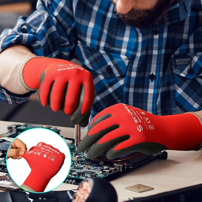Schwer Ultra-Comfort Safety Work Gloves MicroFoam Nitrile Coated, Seamless Knit Nylon Glove for Men and Women, 6/12 Pairs, Abrasion Resistant, Non Slip, Breathable, LT5617, XXL