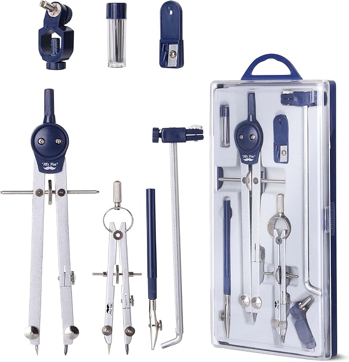 Mr. Pen- Professional Geometry Set Metal Compass, 7 pcs, Geometry Precision Tool Set with Shatterproof Storage Box, Drafting Tools & Drafting Kits