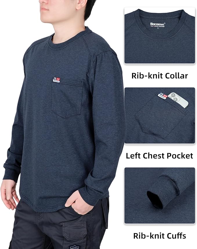 BOCOMAL Men's FR Shirts Long Sleeve Crewneck EX Soft Heather Series 6oz Midweight Flame Resistant Work T Shirt CAT2