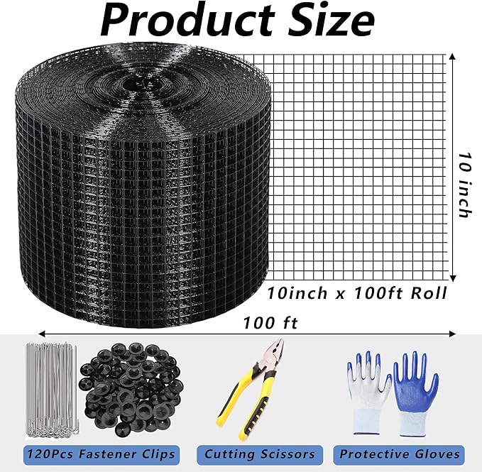 10in X 100ft Critter Guard for Solar Panels, 1/2inch PVC Coated Solar Panel Guard, Critter Guard Roll Kit for Solar Panel Wire Mesh, Black Pigeon Barrier with 120pcs Fasteners, Cutting Scissor, Gloves