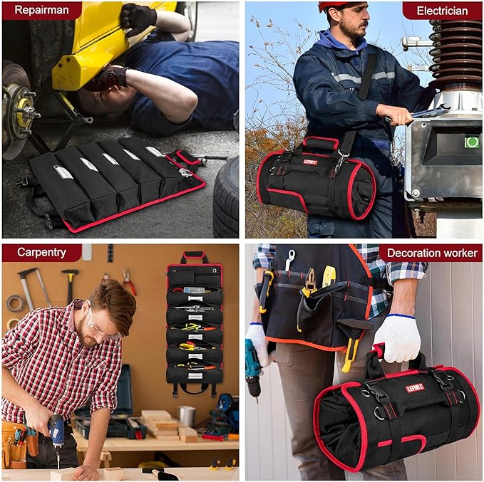 Tool Bag,Large Roll Up Tool Bag Organizer,13 Pockets Tool Roll Storage Pouch,Heavy Duty Portable Tool Storage Carrier Bag for Men,Mechanic,Electrician,Valentines Day Gifts for Men,Black/Red