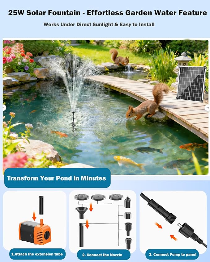 Antfraer 25W Solar Pond Pump, Solar Fountain Pump with 6.6FT Tubing & 16.5FT Cord for Garden Ponds, Fish Tanks Waterfalls & DIY Fountain Water Features