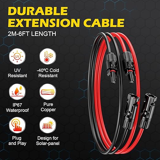 6Ft Solar Cable Solar ExtensionCable,10AWG Solar Panel Extension Cable with Female and Male Connectors,Waterproof SolarExtension Cable Kit (Red and Black).