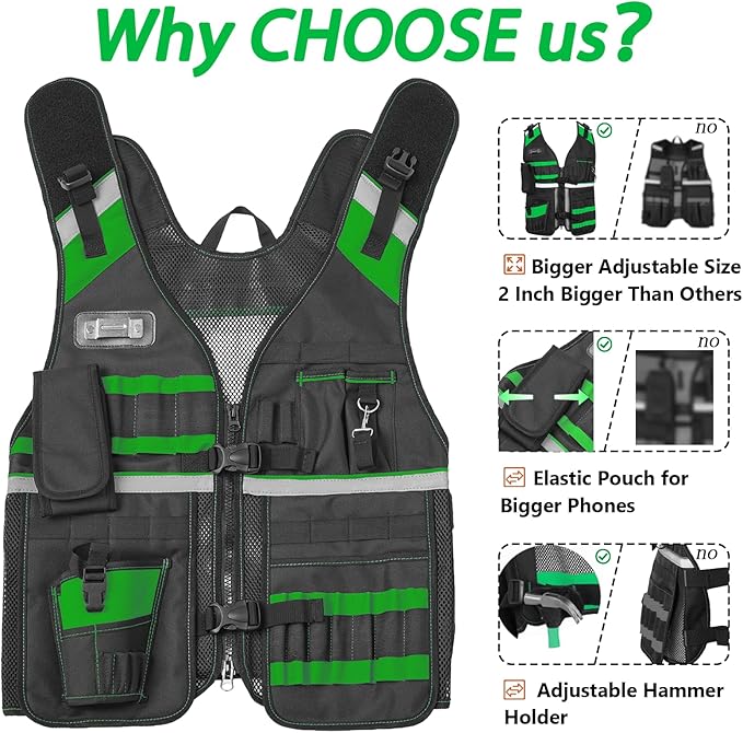 Electrician Tool Vest for Men, Reflective Safety Work Vest with Adjustable Thick Straps, Removable Phone Holder for Electrical, Carpenters, Construction, 22 Pockets.Green