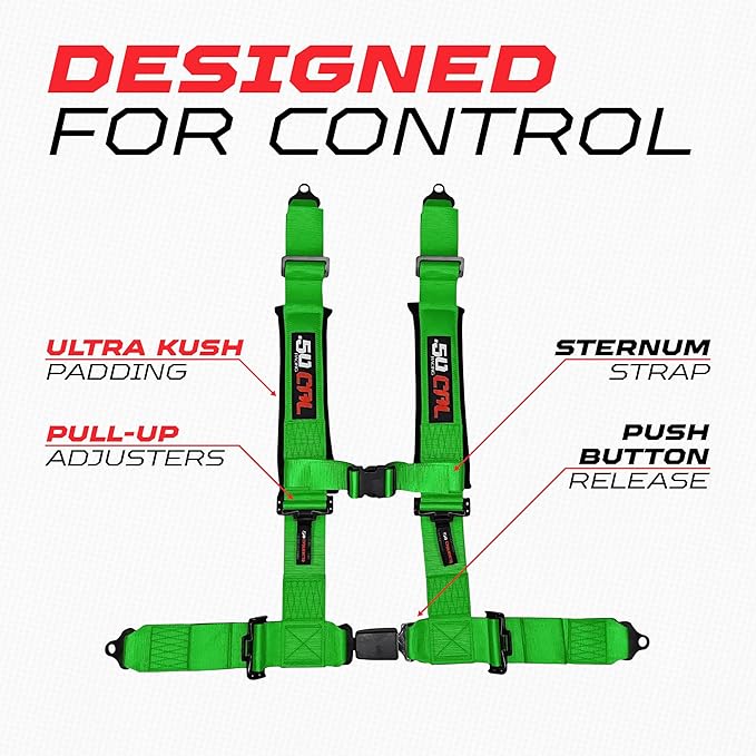 1pc 4 Point Harness for Bucket Seat, Push Release, 10 Color Options, Racing Harness, Race Car, Off Road, UTV, RZR (Green, 2 inch)
