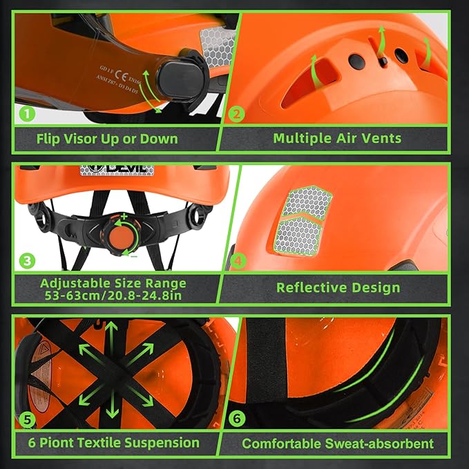 GREEN DEVIL Hard Hat Safety Helmet with Rechargeable Headlamp Light and Visor Ear Muffs Vented Work Hardhat ANSI Z89.1 Cascos De Construccion for Industrial Construction Forestry