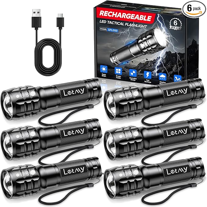 LETMY 6 Pack Rechargeable Flashlights High Lumens, 3 Modes Bright Small Flashlight for Home Tactical Flashlights Rechargeable, Zoomable LED Flashlights Waterproof for Outdoor,Camping Emergency