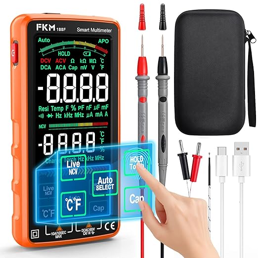 FKM Pro Digital Multimeter Tester,Compact & Rechargeable Voltmeter w/ 5″ Touch Screen,Auto-Ranging,TRMS 6000 Counts,High Accuracy,Smart Electrical Tester Measures DC/AC Voltage,Current,Resistance,Temp