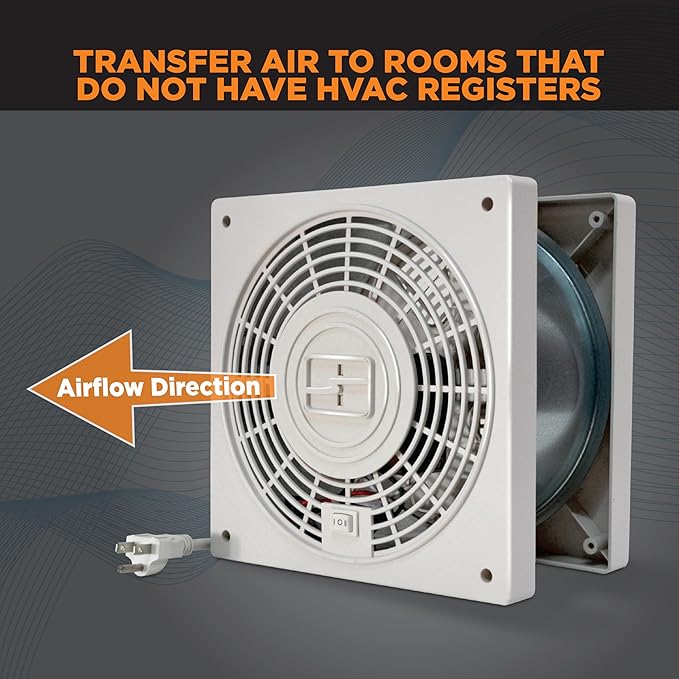 Suncourt ThruWall Room-to-Room Transfer Fan — Quiet Through Wall Vent Fan Improves Air Circulation Between Rooms 100-275 Sq. Ft. | 10’ Power Cord, 2-Speed (TW408)