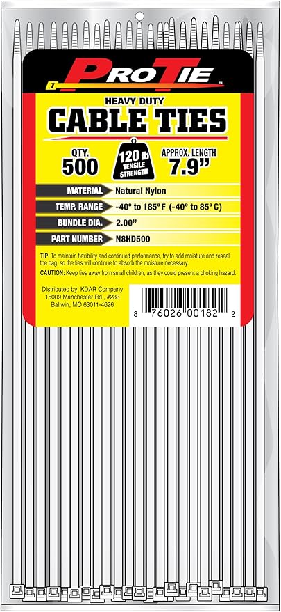 Pro Tie Heavy Duty Cable Ties, Self-Locking Nylon Cable Wire Ties for Indoor and Outdoor Use | 7.9-Inch, 120 lbs. Tensile Strength, Natural Nylon, 500-Pack (PN: N8HD500)