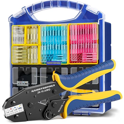 haisstronica 340PCS Heat Shrink Wire Connectors Set, 26-10AWG Marine Grade Heat Shrink Butt Connectors with 9" Crimping Tool and Organizer (4Colors/4Sizes)