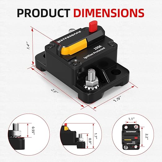150 Amp Circuit Breaker with Manual Reset, Waterproof DC 12V-48V Breaker for Power Inverter, Winch, Solar System, RV, 150A 12V Circuit Breaker & Battery Disconnect