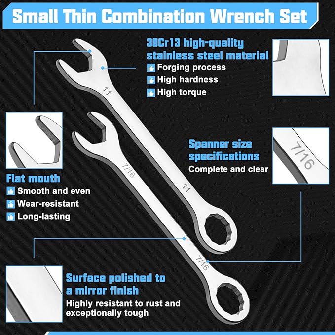 20Pcs Ultra-Thin Standard Metric and SAE 4mm-11mm & 5/32"-7/16" Mini Wrench Set Stainless Steel Open End and Box End Combination Wrench Set with Circle Ring,Gate Clip in Pouch