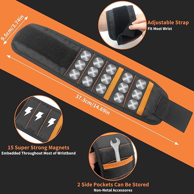 2 Pack Magnetic Wristband for Men, 15 Magnets Powerful for Holding Screws Drilling Bits, Nails, Premium Tools Belt Stocking Stuffers for Birthday Dad Grandpa Husband Handyman Boyfriend Fathers Day