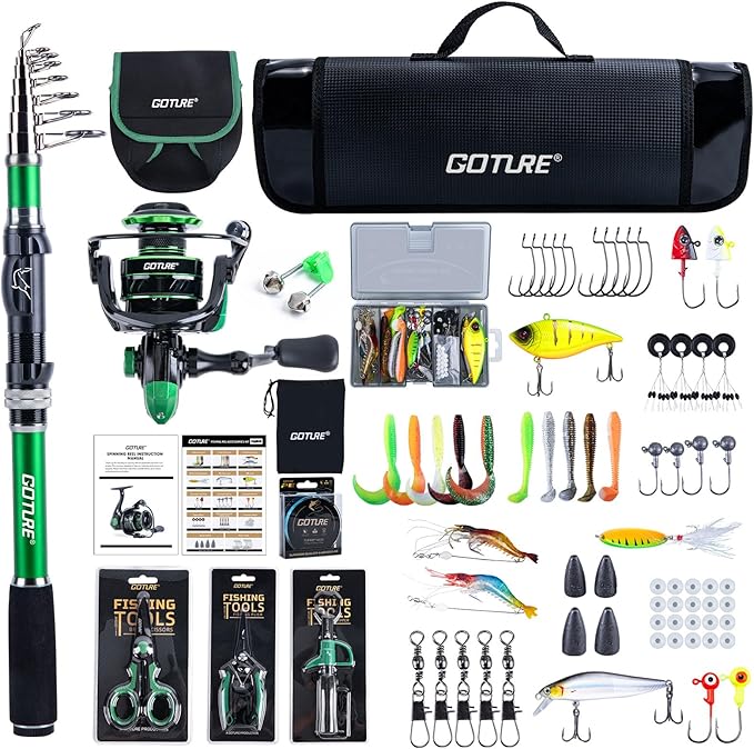 Goture Fishing Poles and Reels Combo - Green Telescoping Fishing Rod Portable Travel Kit with Carrier Bag for Freshwater Saltwater
