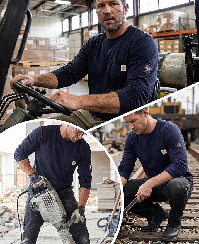 BOCOMAL FR Shirts Crewneck 7oz Midweight Flame Resistant Clothing NFPA2112 CAT2 Men's Fire Retardant Work Shirt