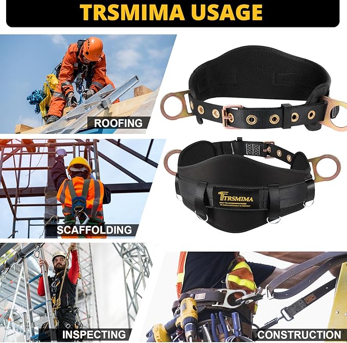 TRSMIMA Safety Harness Climbing Belt - Black Body Fall Protection Men Roof Tree Work Waist-Tongue Buckle Pad D-Ring
